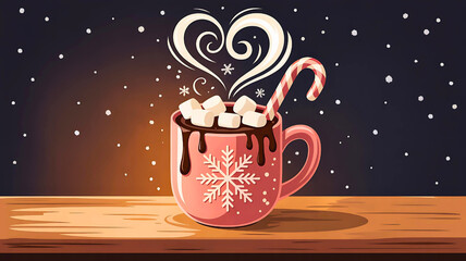 A pink christmas mug filled with hot chocolate, marshmallows, and a candy cane, with snowflake