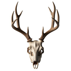 A deer skull with antlers is displayed, isolated on transparent background