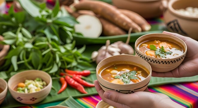 Delicious Andean soup served in traditional wooden bowls, amidst fresh vegetables and vibrant textiles. A culinary delight to savor.