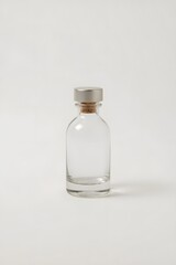 Clear glass bottle with a metal cap and cork stopper placed on a white background, ideal for mockups, packaging design, beverage concepts, and minimalist product displays


