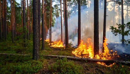 Forest fire raging through pine trees (1)