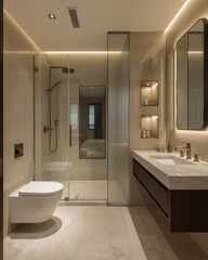 Modern minimalist bathroom interior design with beige tiles, glass shower enclosure, and illuminated vanity mirror