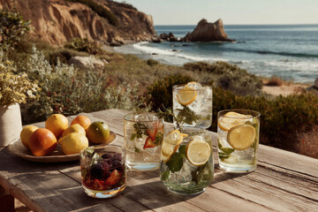 captivating photographs of refreshing cocktails and lemonades featuring vibrant fruits and ice often set against
