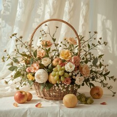 Rustic Wicker Basket Arrangement with Peach Roses, Apples, and Grapes on White Table