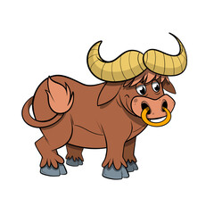Brown buffalo  with nose ring and big horns clip art