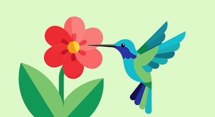 Obraz premium Minimalist Hummingbird Vector Illustration with Red Flower and Green Leaves in Flat Style