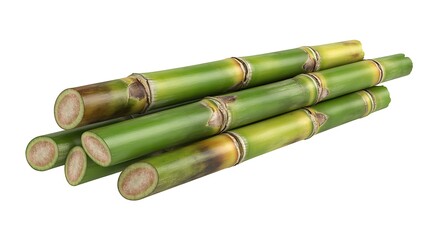 Fresh green sugarcane stalks with cut ends showing texture and pulp on white background