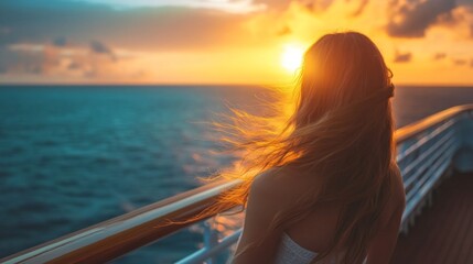 Beautiful woman standing on the cruise deck, looking at the horizon, wind in her hair, luxury cruise concept, sunset light, travel adventure generative ai