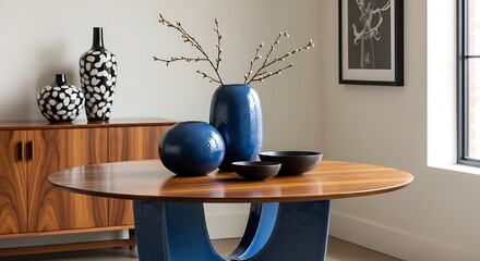 Blue and black vases on wooden table white