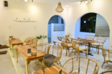 Blur bokeh background of interior with empty table and chair in restaurant, eatery, cafe or coffee shop. Abstract bokeh of food business dining court with no person. blurred.