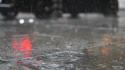 Heavy rain creates puddles on city streets during evening