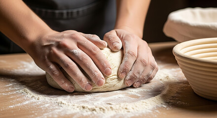 Fototapeta premium A close-up of floured hands (gender-neutral) gently kneading a rustic dough on a wooden surface, with scattered flour and a traditional bread proofing basket nearby. The lighting is warm and natural, 