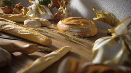 A variety of breads and pastries on an old wooden table, with wheat stalks in the background.