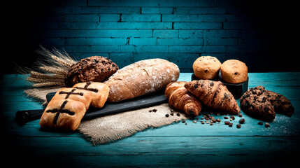 A variety of breads and pastries on an old wooden table, with wheat stalks in the background.