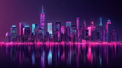 Neon-hued NYC skyline at night, vibrant reflections