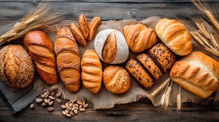 A variety of breads and pastries on an old wooden table, with wheat stalks in the background.