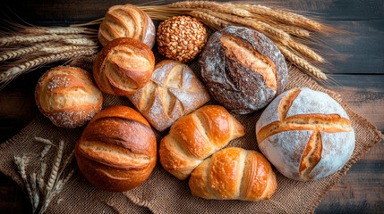 A variety of breads and pastries on an old wooden table, with wheat stalks in the background.