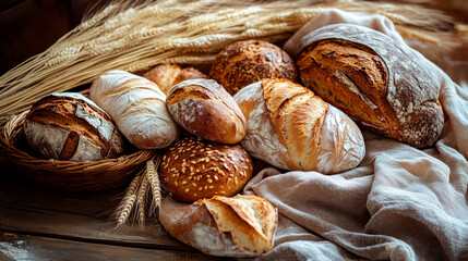 A variety of breads and pastries on an old wooden table, with wheat stalks in the background.