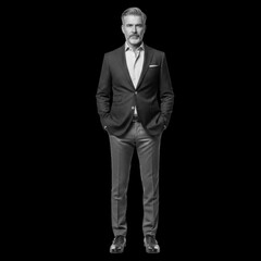 Fototapeta premium Photo of a confident middleaged man with grey hair and a beard, wearing a blue blazer, shirt, grey trousers, and glasses, standing with hands in pockets, isolated on transparent background