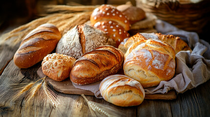 A variety of breads and pastries on an old wooden table, with wheat stalks in the background.