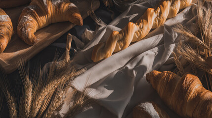 A variety of breads and pastries on an old wooden table, with wheat stalks in the background.