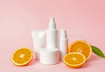 Vitamin C Skincare Bottles with Fresh Orange on Pink Background – Natural Beauty Cosmetic Product Display
