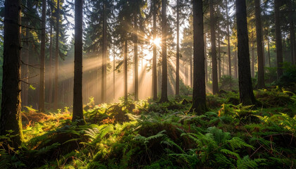 Obraz premium Sunbeams Through Forest Trees at Sunrise