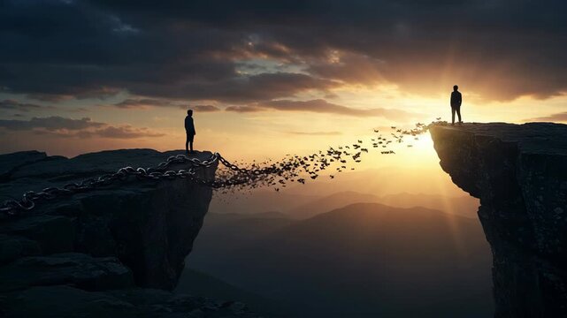 Two Figures Confronting Each Other Across A Chasm At Sunset With Floating Books