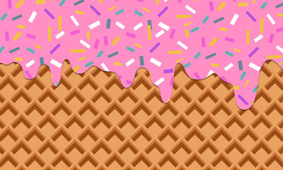 Strawberry Ice Cream With Colorful Sprinkles In Waffle Cone. Good for banners, greeting cards, flyers, social media wallpapers, etc © kasmandesign