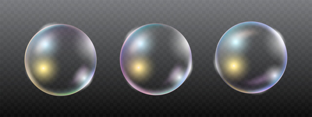 Set of Realistic soap or shampoo foam bubbles. Flying gradient bubbles on transparent background. Vector illustration