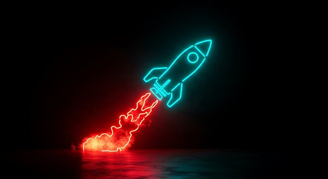 A Neon Rocket Launching against Black Background. - Powered by Adobe