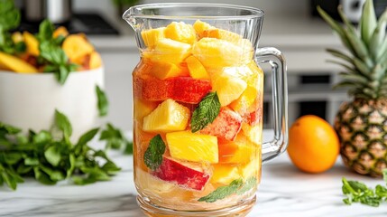 Refreshing fruit infused beverage in a glass pitcher