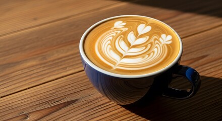 Coffee Cup with Latte Art on Wooden Surface in Natural Light
