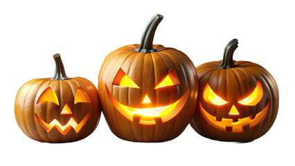 Three Halloween Jack O Lanterns on Transparent Background