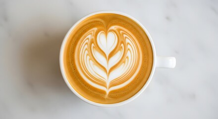 Coffee Cup with Heart Latte Art on White Marble Surface