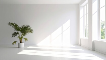 Bright Sunlight in Minimalist White Room with Palm Leaf Shadows 