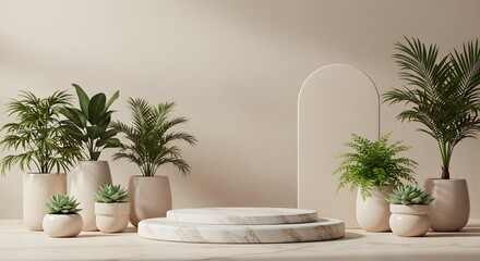 A marble podium is surrounded by various potted plants against a neutral backdrop with an arched shape, creating a minimalist and natural aesthetic.