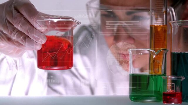 Female chemist lifting beaker at bench for analysis, swirling red fluid with animated data overlays - Powered by Adobe
