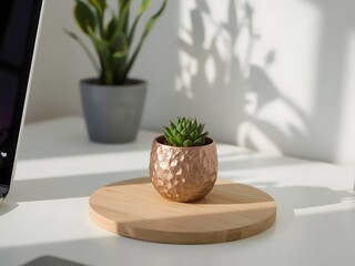 Fototapeta premium Modern workspace with small succulent plants in decorative pots placed on a wooden board near a laptop, illuminated by natural sunlight through a bright window