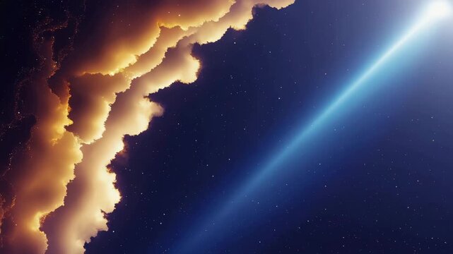 Cinematic Animation of Glowing Clouds Splitting Deep Space with Blue Light Beam