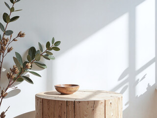 A light wooden square base with a light grey wall behind it, the warmth of the wood matches the neutral tones, keeping the look clean with just enough tactility.