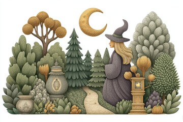 Fototapeta premium Pixel Art Witch in an Autumnal Forest at Night