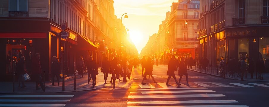 Pedestrians cross a city street at sunset.