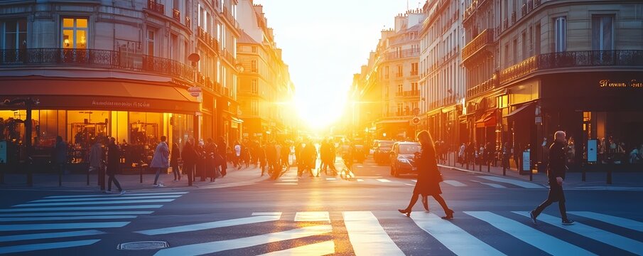 Bustling city street at sunset.