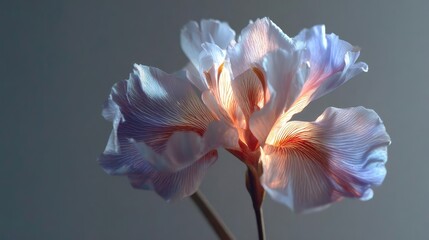 Iris transition for minimal flare concept. A soft illuminated flower with delicate petals in pastel hues.