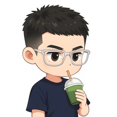 Cartoon man drinking green drink with glasses illustration