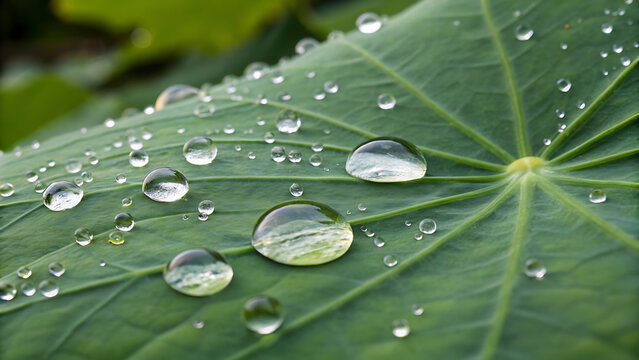 Dewy Leaf Captivating Close-Up of Water Droplets on Lush Green Foliage, Perfect for Nature-Inspired Designs and Serene Visuals