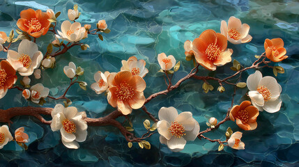 3d floral artwork featuring orange and white flowers with branch on water background