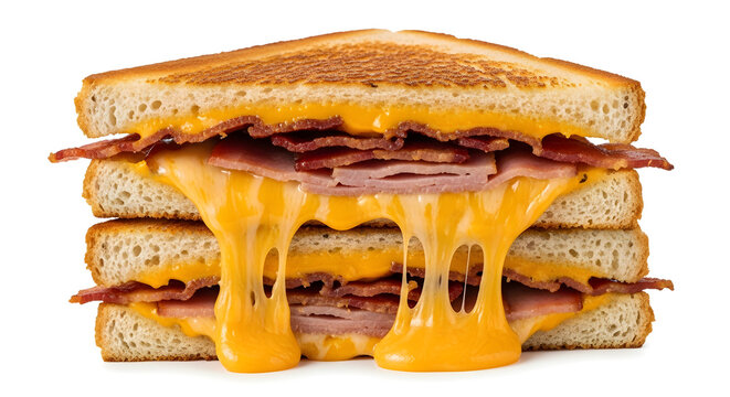 Delicious triple decker grilled cheese sandwich with crispy bacon and melted cheddar, perfect for food blogs, restaurant menus, and comfort food promotions