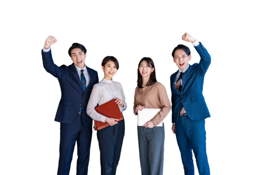ガッツポーズをする四人のビジネスマン・背景透過